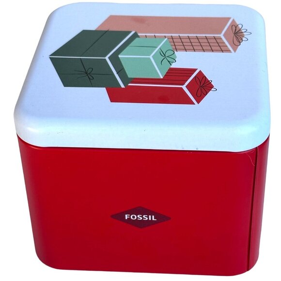 2017 Christmas Holiday Fossil Watch Holder ONLY Metal Tin Box Cases 2.75" Tall - Picture 6 of 16